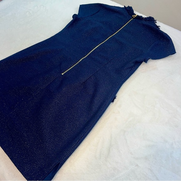 Sail to Sable Navy Blue Gold Metallic Tweed Fringe Tunic Shift Dress Size 10 - Picture 9 of 14